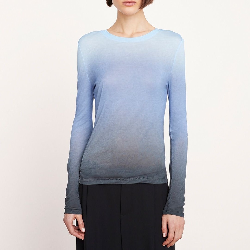 Vince 100% Modal Blue Ombré Dip Dye Long Sleeve Crew Neck Top XL Tee T-Shirt